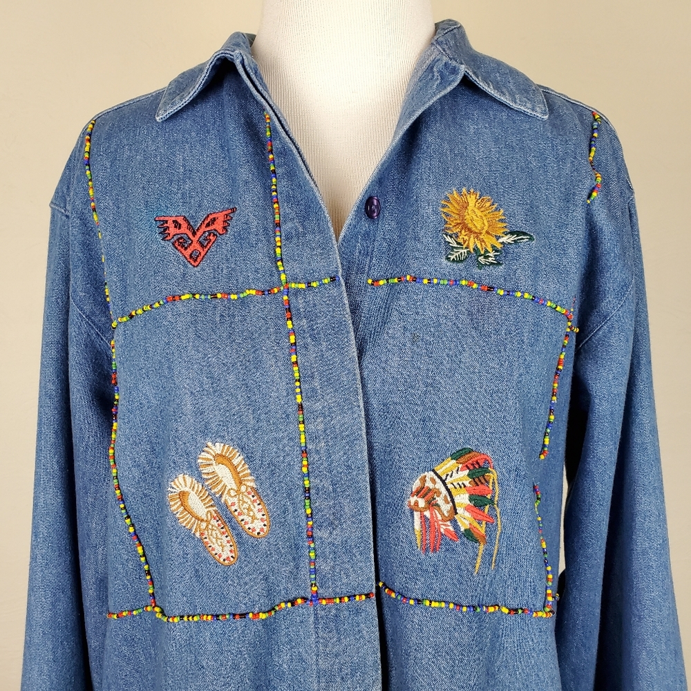Vintage Denim Shirt The Eagle's Eye Beaded Blue Southwestern Native Ethnic Boho